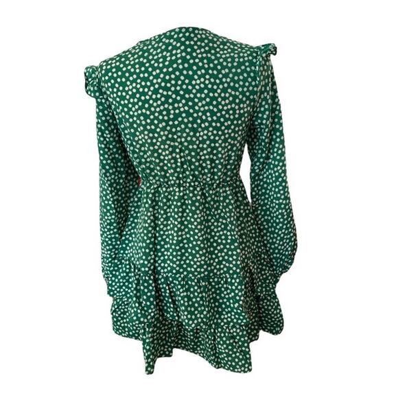 New Green and white polka dot  long sleeve mini dress. Deep V neck. Size Small - Picture 4 of 7